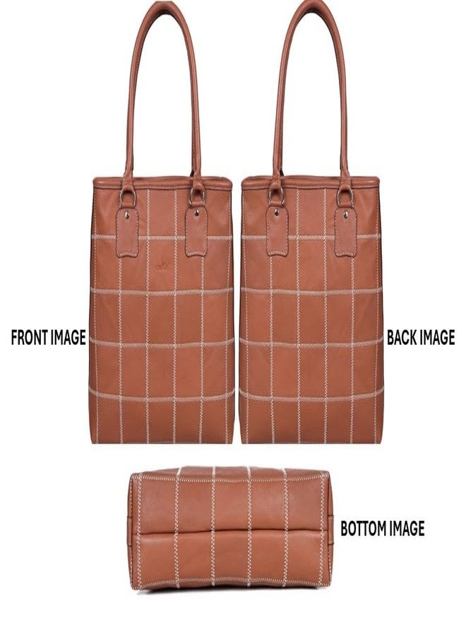 Celtic Genuine Leather Brown Tote Bag with Check Stitch Design and Zip Closure - Image 4